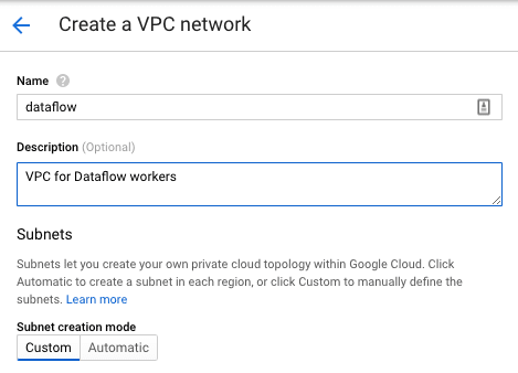 Elasticsearch to BigQuery: Creating a VPC Network.
